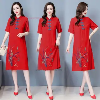2024 traditsiooniline hiina vintage kleit paranenud qipao riigi lille tikandid cheongsam kleit oriental folk-line kleit