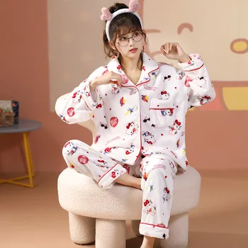 Anime Kawaii Sanrio Hello Kitty Armas Multikas Naiste Pidžaama Sügis-Talve Uus Lapp Plus Velvet Paksenenud Kodu Sobiks Cardigan