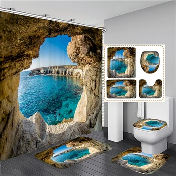 Mererand Cave Beach Maastik 3D-Printimine Veekindel Dušš Kardin Pjedestaal Vaipa Kaanega Wc Kaas Matt Vannituba Komplekt, millel on 12 Konksud