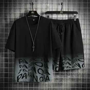 Suvel Moe Mens Komplekt Komplekt Hip-Hop Stiilis Kirja Prindi Tshirt ja lühikesed Püksid 2PC Set Meeste Spordi Ülikond Trendikas Streetwear Lühike Komplekt