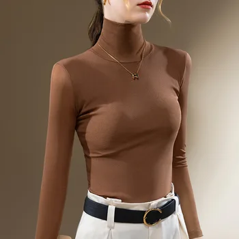 Uus 2024 Kaunis Naiste Sügis-Talv Kõrge Kaelus T-särk Naiste Sexy Crop Top Riided, Vabaaja Õhuke Marli Pluusid Armu Koosolek