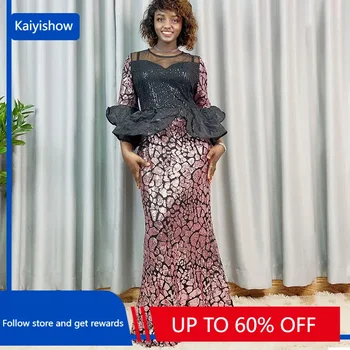 2023-Aafrika Pulmas Kleidid Naistele Suvel Aafrika Elegantne Poole Varruka O-kaeluse Polüester Roosa Kuld Pikk Kleit Maxi Kleit