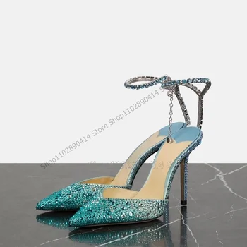 Gradient Värvi Crystal Decor Pikad Varba Pumbad Pahkluu Pannal Rihma Naiste Kingad Õhuke Kõrged Kontsad Mood 2023 Zapatos Para Mujere