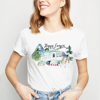 Happy Camper Print T-Särk Naiste T-Särk Camiseta Mujer Harajuku Särk Valge Tshirt Femme Streetwear
