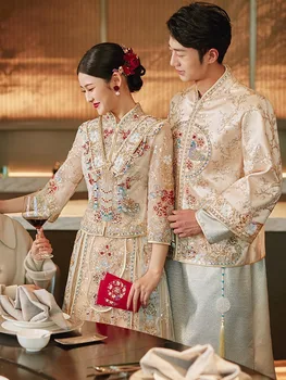 Hiina Traditsioonilise Paar Pulm Kleit Šampanja Cheongsam Sädelevat Litrid Profileerimine Tikandid Tutid Qipao Idamaised Rõivad