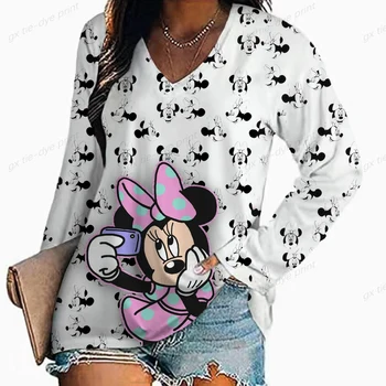 Mood Naiste T-Särk Disney Minnie Mickey Print V-kaeluse Naine Harajuku Tops Daamid T-särgid Liiga Tee Särk Naiste Rõivad