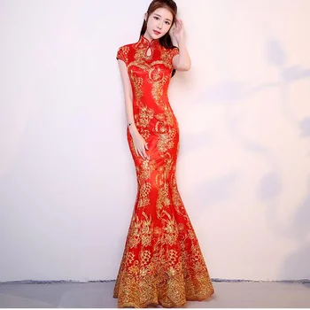 Naiste Qipao Punane Hiina Pulm Kleit Naiste Lühikesed Varrukad Cheongsam Kuld Slim Traditsiooniline Fishtail
