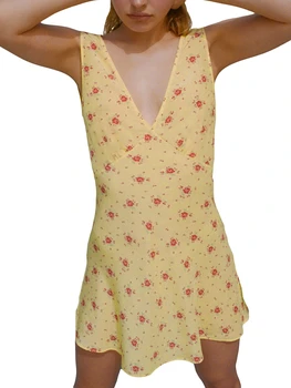 Naiste s Suvel Tank Mini Kleit Õie Printida V-Kaeluse Varrukateta Backless Tie-up Slim Beach Kleit