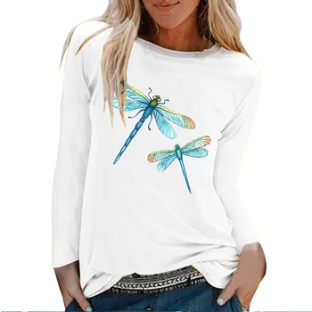 Seeyoushy Dragonfly Prindi 2023 Uus Trend Naiste Pika Varrukaga T-särk Casual Fashion Naiste Rõivad Y2K Esteetiline Naiste Top